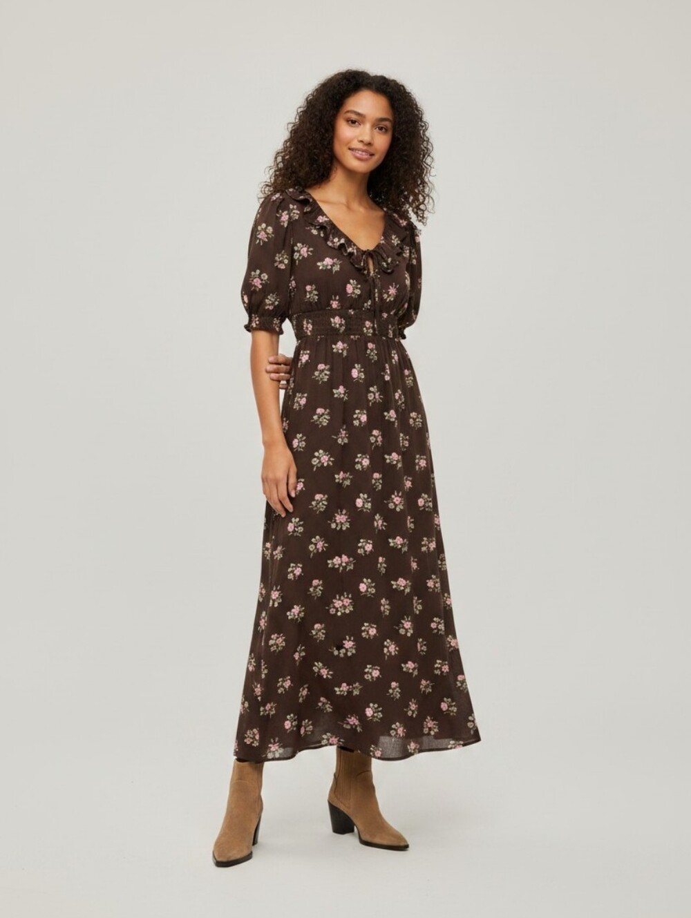 Old Navy Brown Pink Floral Ruffle-Collar Boho Western Maxi Dress
